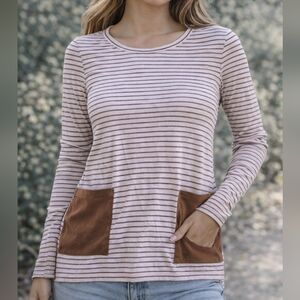 Source Unknown Striped Long Sleeve Tee with Brown Pockets